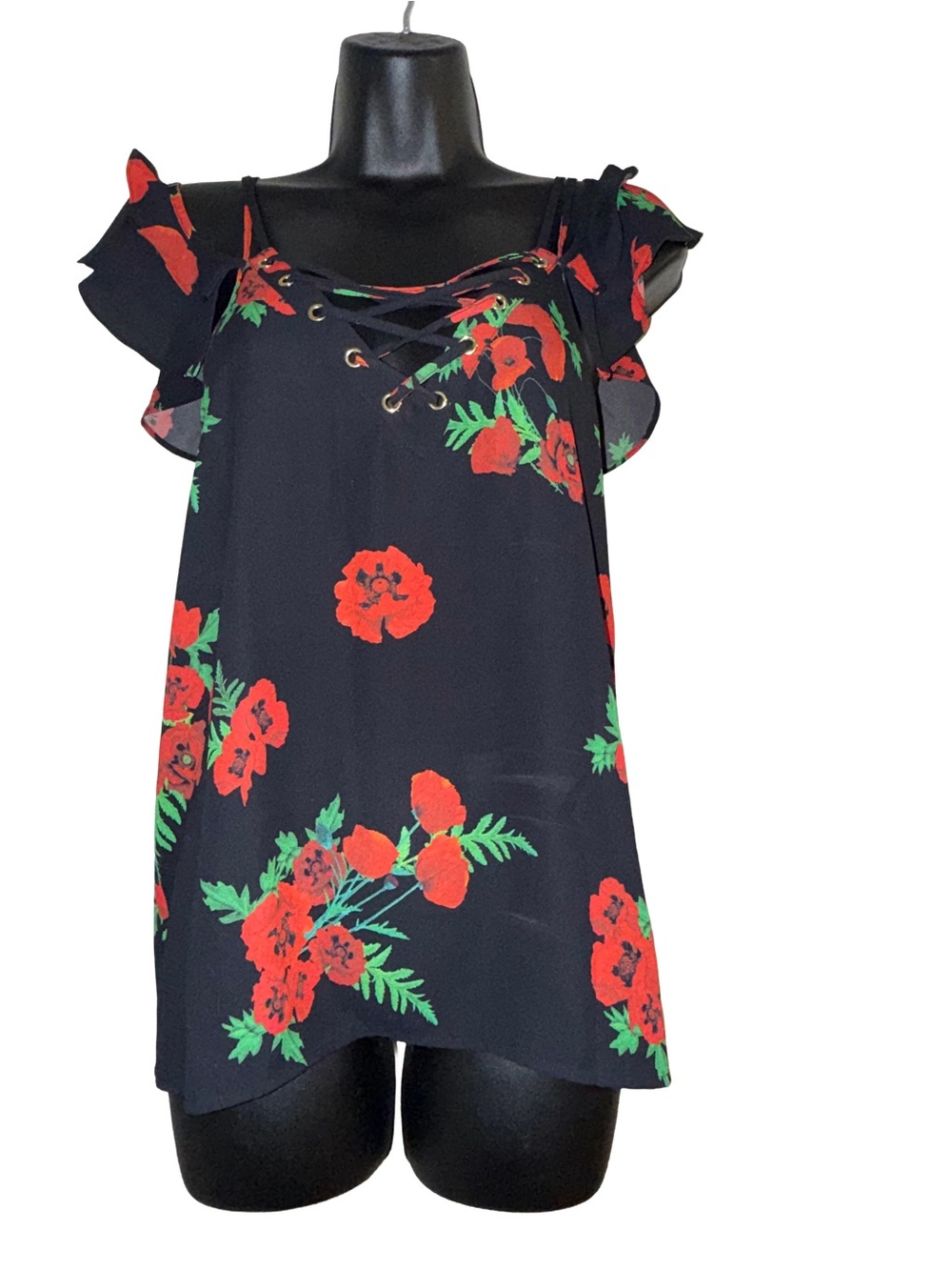 Express Black Lace-Up Cold Shoulder Blouse with Red Floral Print